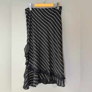 Black and white striped faux wrap midi skirt with sequin accents, side slit, Med